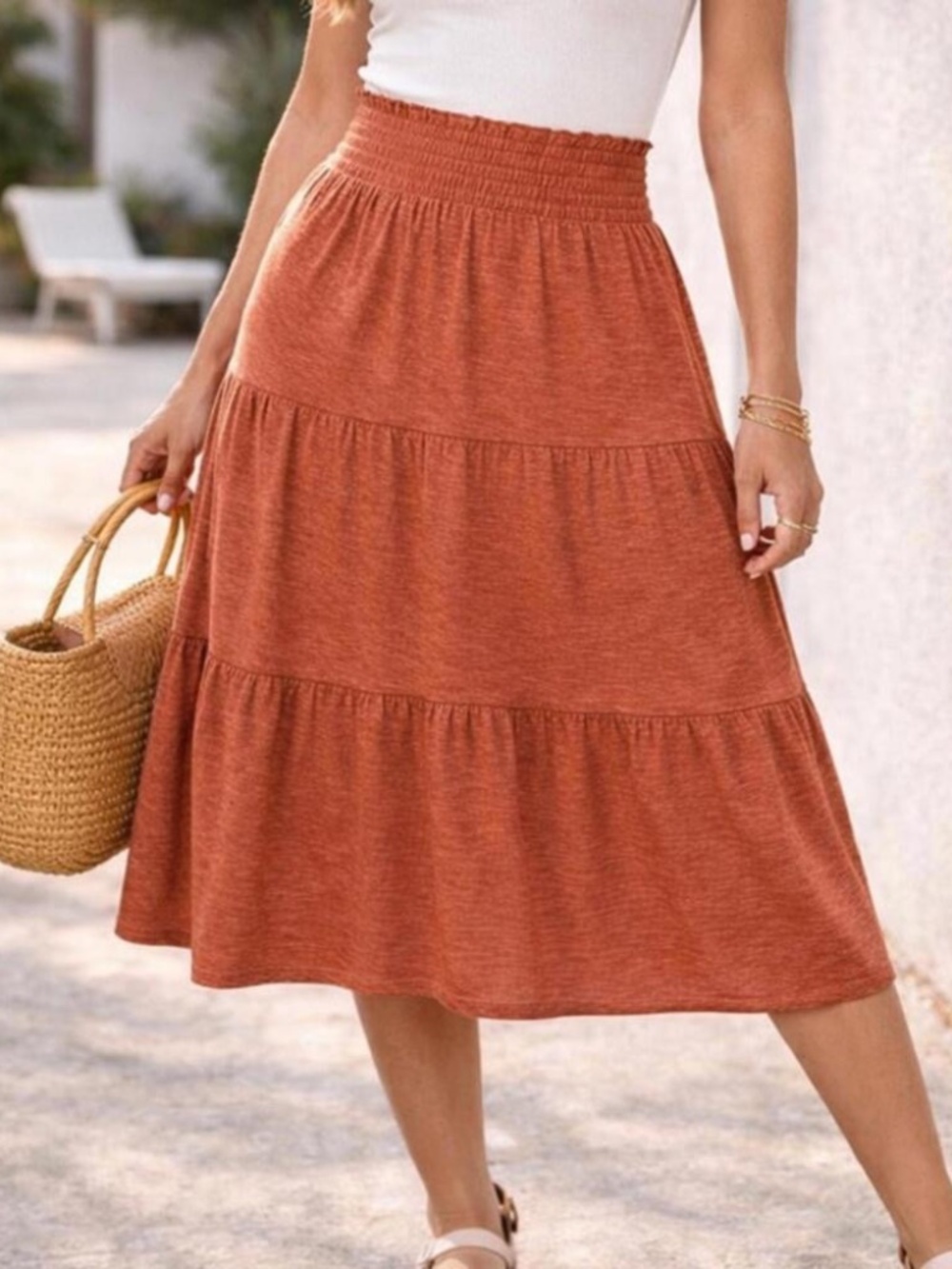 NWT 89th & Madison Tiered Midi Skirt Size M Rust Orange Elastic Waist Boho